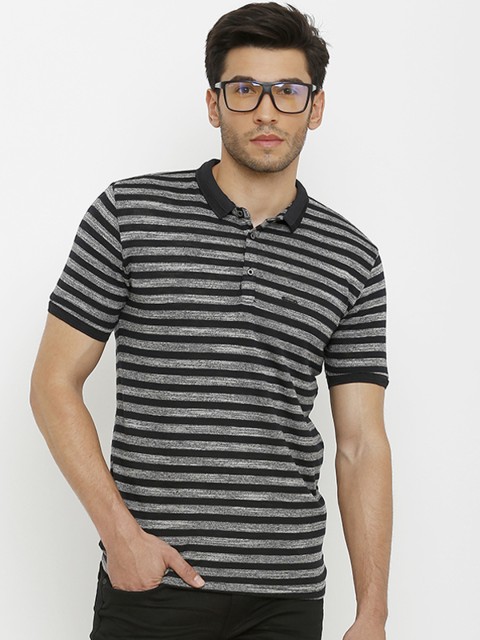 

Rex Straut Jeans Men Black Striped Polo Collar T-shirt