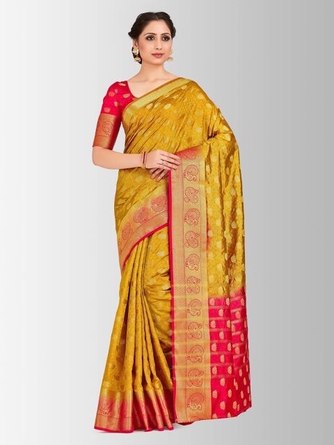 

Mitera Mustard Yellow & Pink Art Silk Woven Design Kanjeevaram Saree
