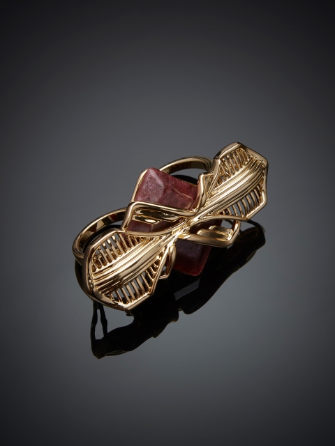 

Shaze Gold-Toned & Burgundy Stone Studded Beau Monde Cocktail Double Ring