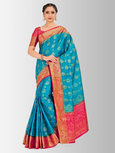 

Mitera Turquoise Blue & Pink Art Silk Woven Design Kanjeevaram Saree