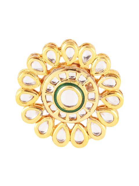

Fabstreet Women Gold-Plated Green & White Kundan Embellished Cocktail Meenakari Ring
