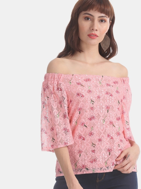 

Sugr Women Pink Floral Print Lace Off Shoulder Top