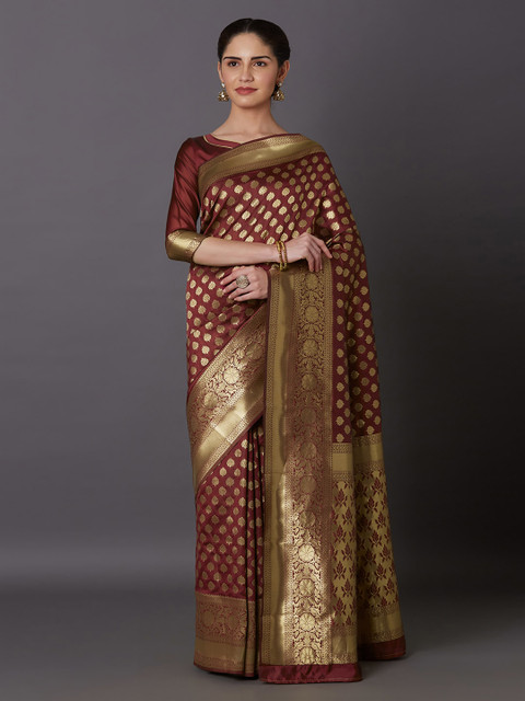

Mitera Maroon Silk Blend Woven Design Kanjeevaram Saree
