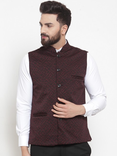 

TAG 7 Men Maroon & Black Woven Design Nehru Jacket