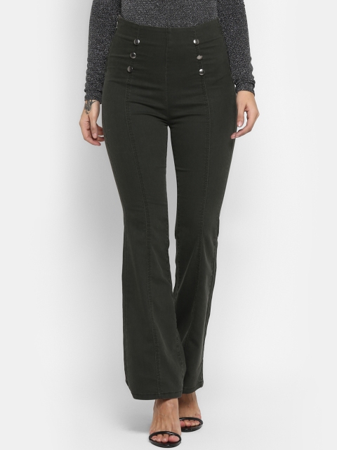 

FOSH Women Olive Green Relaxed Regular Fit Solid Bootcut Trousers