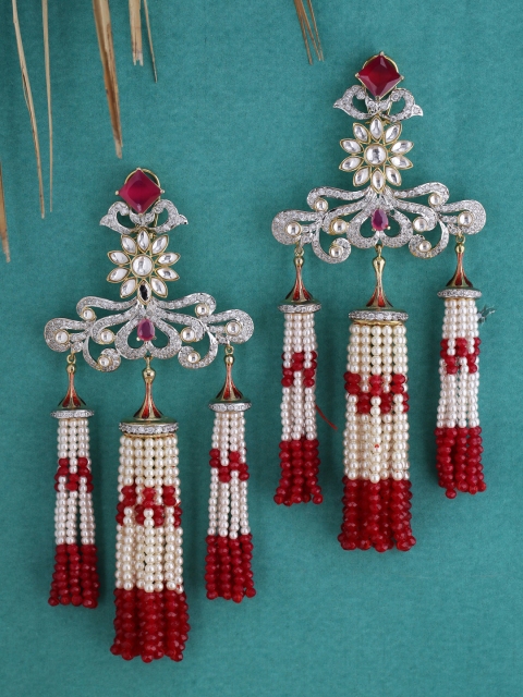 

Tistabene Red & White Kundan Contemporary Gold-plated Drop Earrings