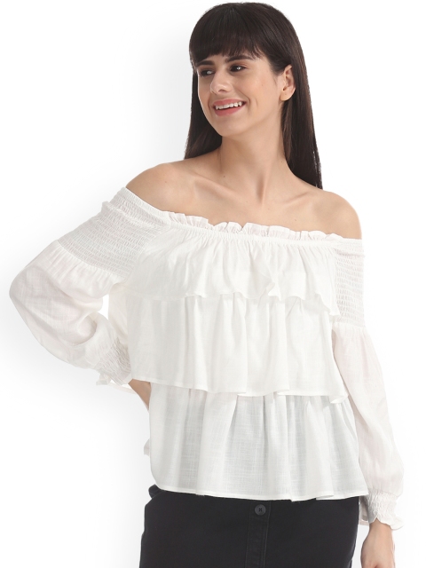

Sugr Women White Solid Layered Bardot Top