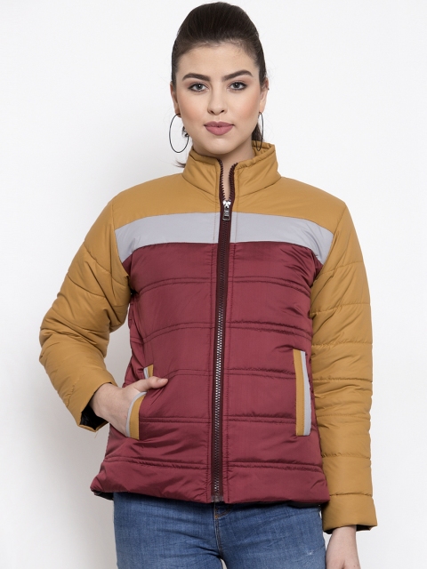 

VOXATI Women Maroon & Mustard Yellow Colourblocked Puffer Jacket