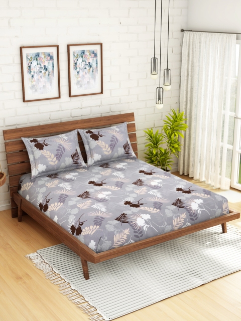 

WELHOME Grey & Brown Floral 200 TC 1 Microfibre Queen Bedsheet with 2 Pillow Covers