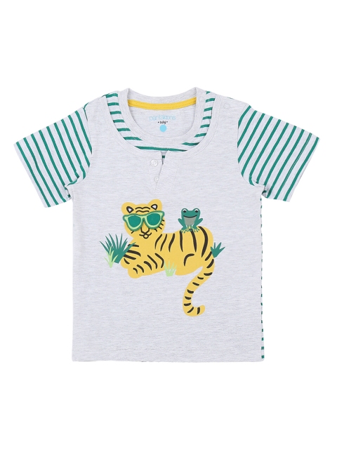 

Pantaloons Baby Boys Grey & Green Striped Round Neck T-shirt