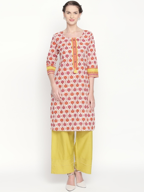 

RANGMANCH BY PANTALOONS Women Off-White & Red Printed Straight Kurta