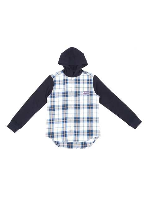 

Pantaloons Junior Boys White & Blue Regular Fit Checked Hooded Casual Shirt