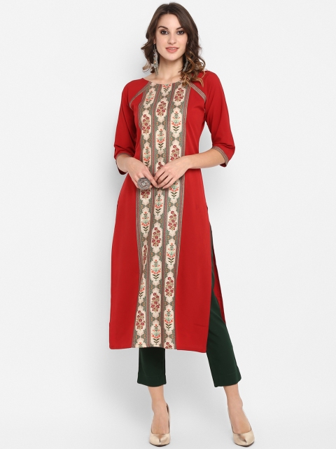 

Janasya Women Red & Green Embroidered Straight Kurta