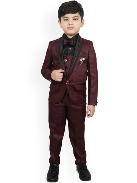 

SG YUVRAJ Boys Maroon & Black Self-Design Tuexdo Party Suit