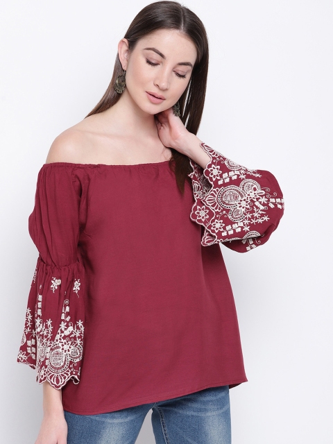 

Mayra Women Maroon & White Embroidered Bardot Top