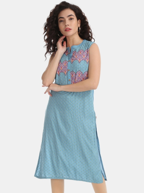 

Karigari Women Blue Printed Straight Kurta