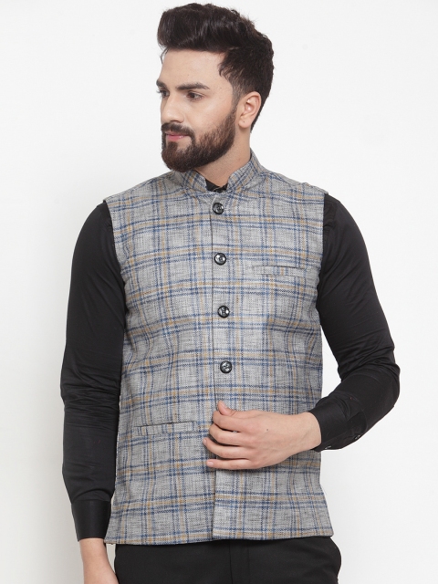

TAG 7 Men Grey & Blue Checked Nehru Jacket
