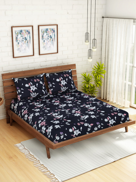 

WELHOME Black & White Floral 200 TC 1 Microfibre Queen Bedsheet with 2 Pillow Covers
