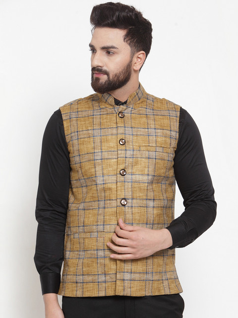 

TAG 7 Men Mustard Yellow & Blue Checked Nehru Jacket