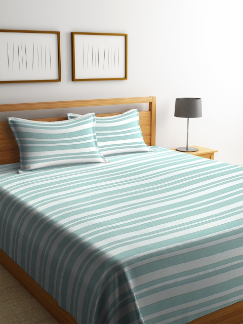 

KLOTTHE Green & White Striped Double Bed Cover With 2 Pillow Covers