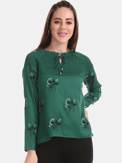 

Cherokee Women Green Floral Embroidered Top
