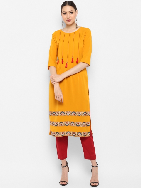 

Janasya Women Mustard Yellow Printed Straight Kurta