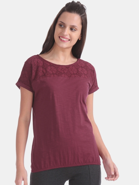 

Cherokee Women Maroon Lace Insert Blouson Top