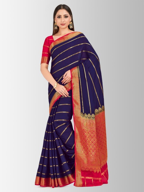

Mitera Navy Blue & Red Poly Crepe Striped Mysore Silk Saree