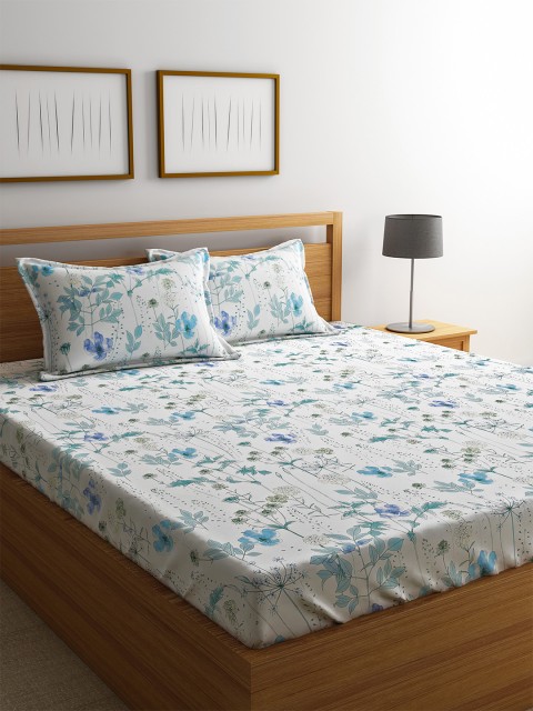 

URBAN DREAM White & Blue Floral 210 TC Cotton 1 King Bedsheet with 2 Pillow Covers