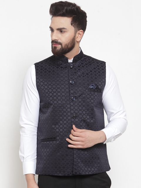 

TAG 7 Men Navy Blue Woven Design Nehru Jacket