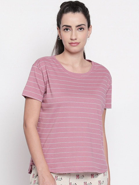 

Dreamz by Pantaloons Women Pink Knitted Striped Lounge tshirt