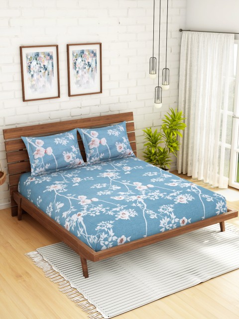 

WELHOME Blue & White Floral 200 TC 1 Microfibre Queen Bedsheet with 2 Pillow Covers