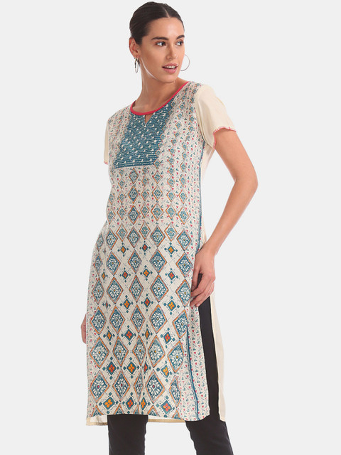 

Karigari Women White Printed Straight Kurta