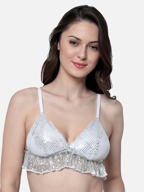 

Da Intimo Silver Solid Lightly Padded Non-Wired Embellished Bralette Bra DI-1228, White