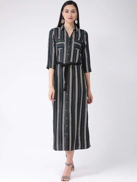 

Latin Quarters Women Black Striped Shirt Dress