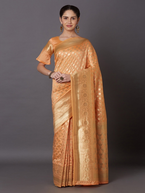 

Mitera Orange Silk Blend Woven Design Kanjeevaram Saree