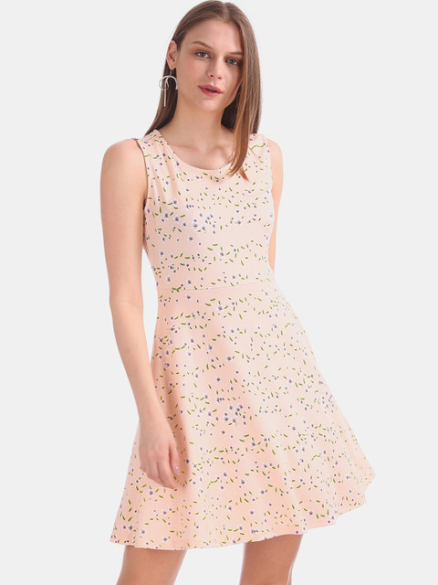 

Sugr Women Peach-Coloured Printed Fit and Flare Dress