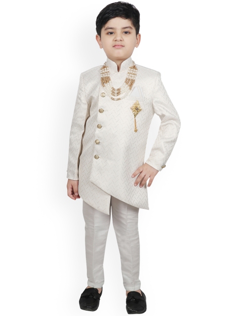 

SG YUVRAJ Boys White Woven Design Sherwani Set