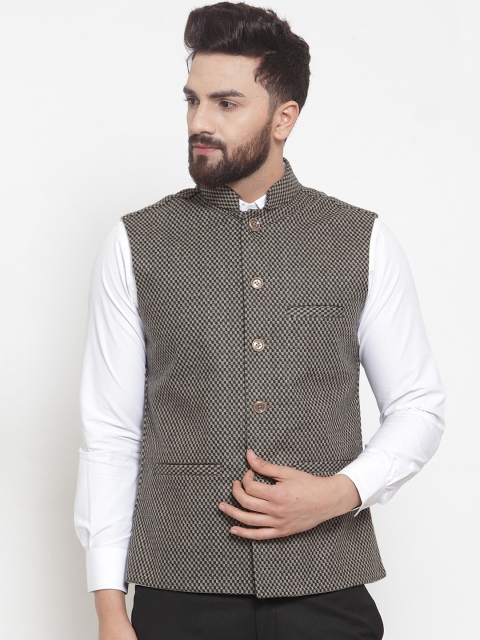 

TAG 7 Men Beige & Black Checked Nehru Jacket