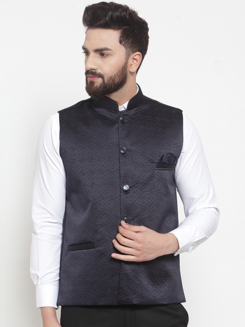

TAG 7 Men Navy Blue Woven Design Nehru Jacket