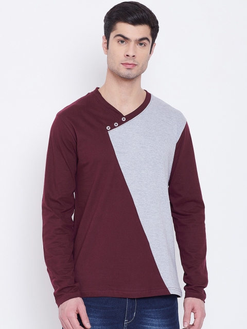 

The Dry State Men Maroon & Grey Melange Colourblocked V-Neck T-shirt