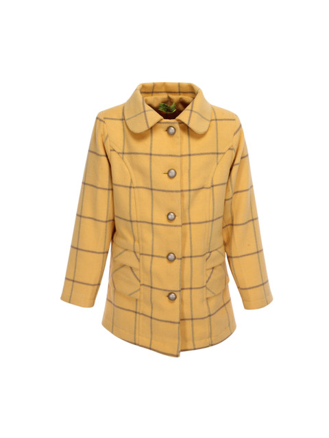 

CUTECUMBER Girls Yellow & Brown Checked Single-Breasted Woolen Princess Coat