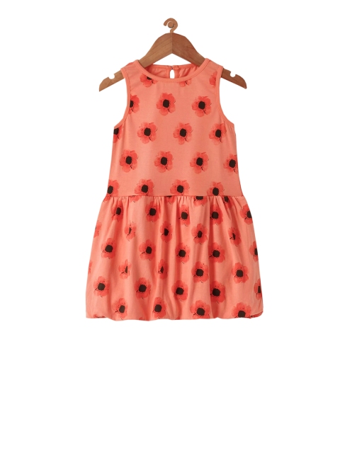 

KiddoPanti Girls Peach-Coloured Floral Printed Fit and Flare Dress