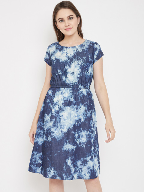 

Ruhaans Women Blue & Off-White Dyed Fit and Flare Dress