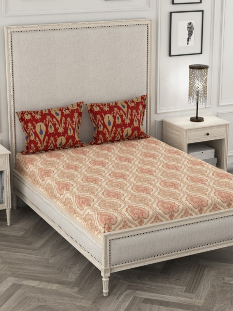 

Portico New York Beige & Maroon Ethnic Motifs 144 TC Cotton 1 King Bedsheet with 2 Pillow Covers