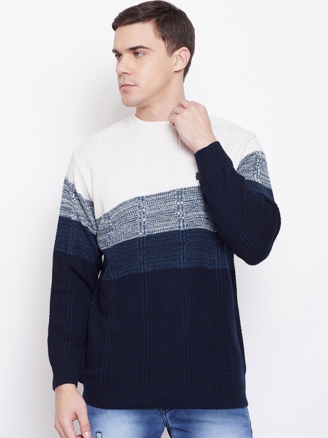 

Duke Men Blue & White Colourblocked Pullover Sweater