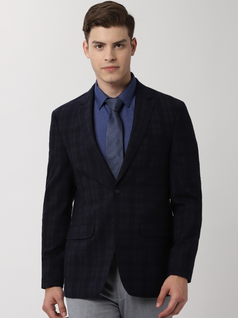 

Peter England Men Navy Blue Checked Slim Fit Single-Breasted Formal Blazer