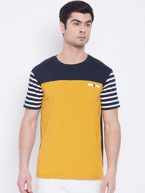 

The Dry State Men Navy Blue & Mustard Yellow Colourblocked Round Neck T-shirt
