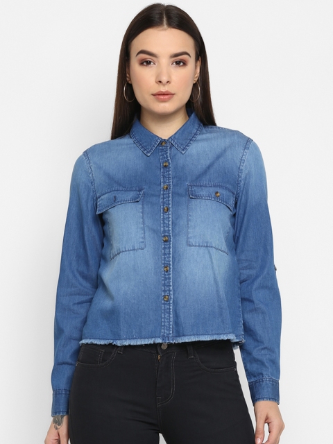 

FOSH Women Blue Boxy Faded Casual Denim Shirt