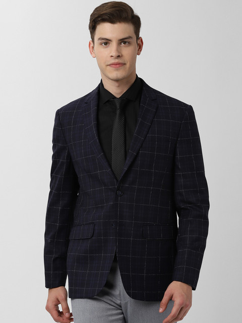 

Peter England Men Navy Blue Checked Slim Fit Single-Breasted Formal Blazer